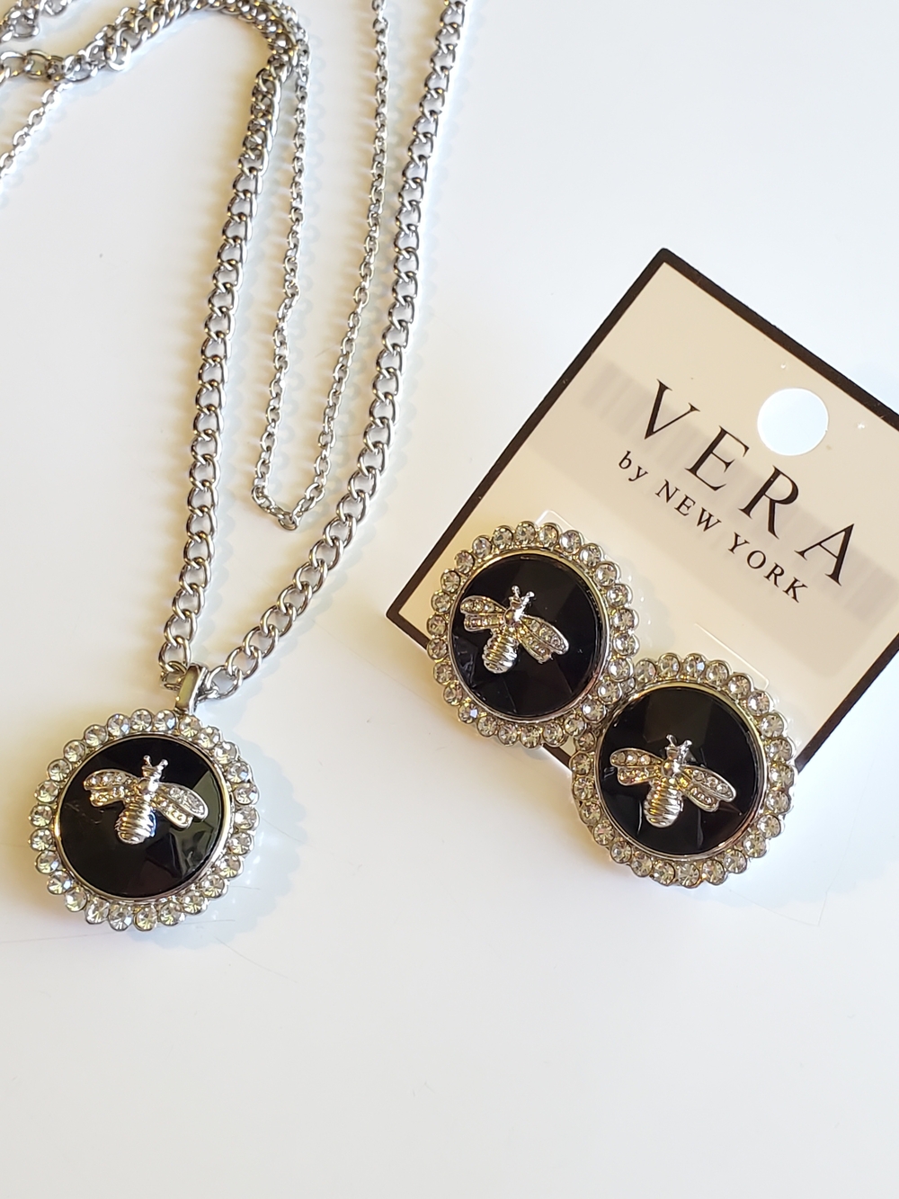 Black Bee Pendant Double-Layer Necklace and Earrings Set